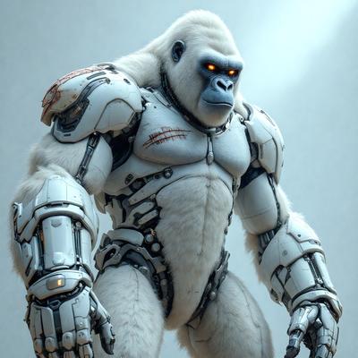 The primary subject of the image is a large, white, robotic gorilla with a glowing red eye. The robotic gorilla is the main focus of the image, and it is set against a backdrop of a gray wall. The visual style of the image is digital art, as it appears to be a computer-generated or digitally rendered creation. The dominant colors in the image are white and red, with the red eye adding a striking contrast to the white robotic gorilla. The overall atmosphere of the
